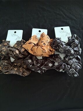 Patterned Fashion Satin Scrunchie Set Of 6 - Brown, Tan, Black